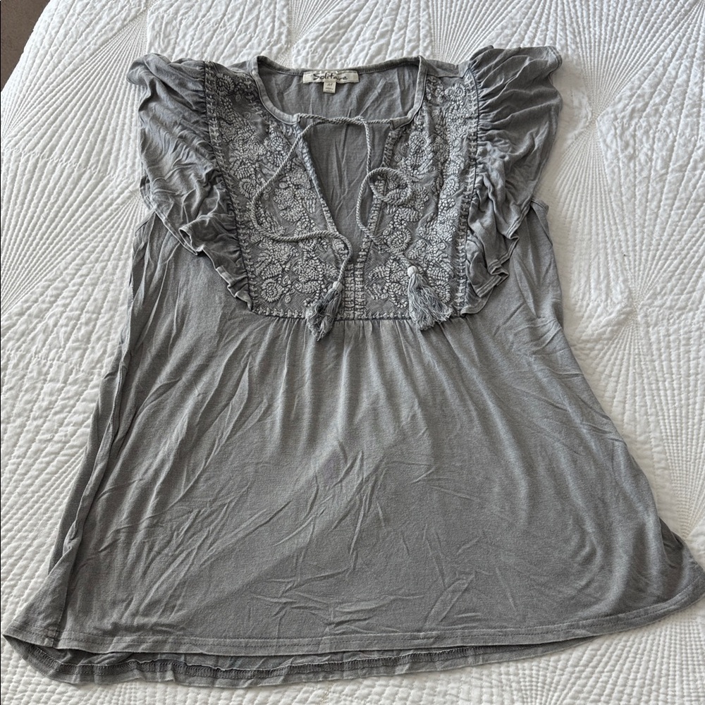 Solitaire Silver Ruffle Blouse with Embroidery